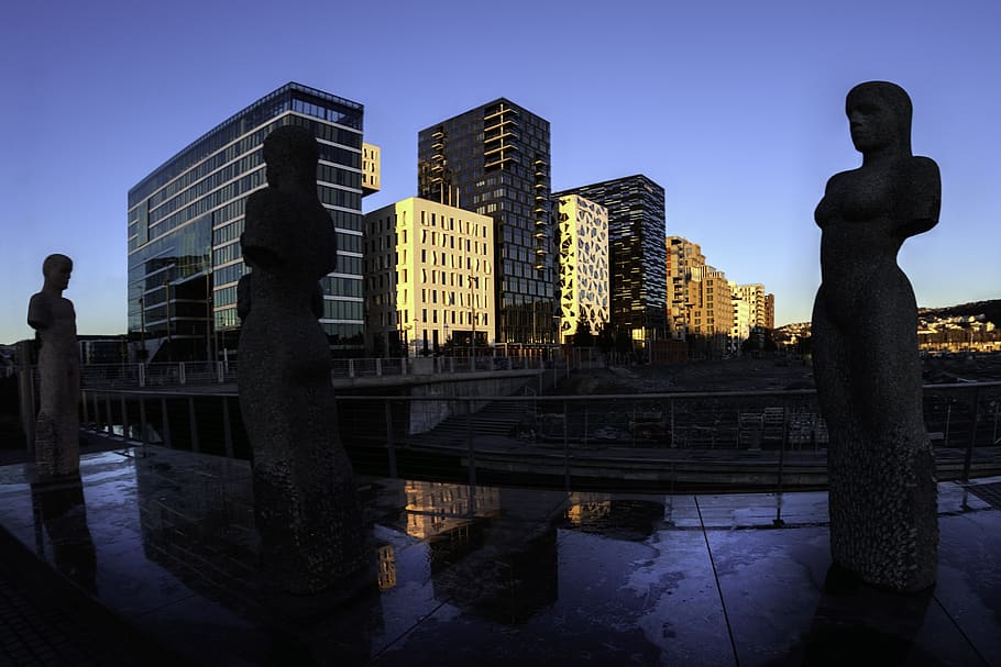 architecture, skyscraper, city, skyline, statue, barcode, oslo HD wallpaper
