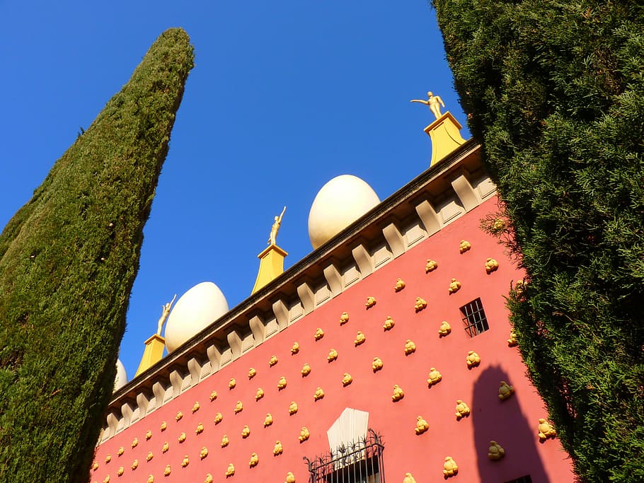 egg, ball, building figures, red, golden, dalí, museum, figueras HD wallpaper