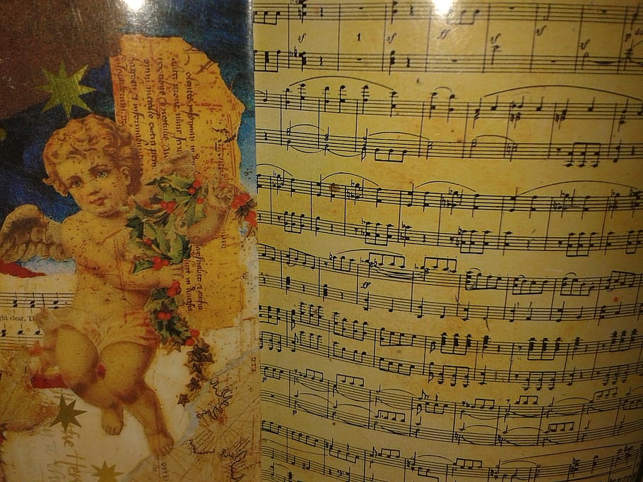 cherub painting, notenblatt, sheet music, angel, christmas, no people, HD wallpaper