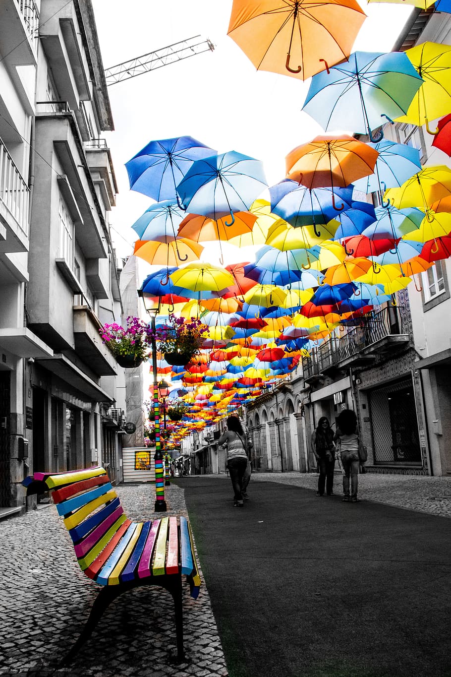 umbrella, color, street, colors, urban, tourist, garden bench, HD wallpaper