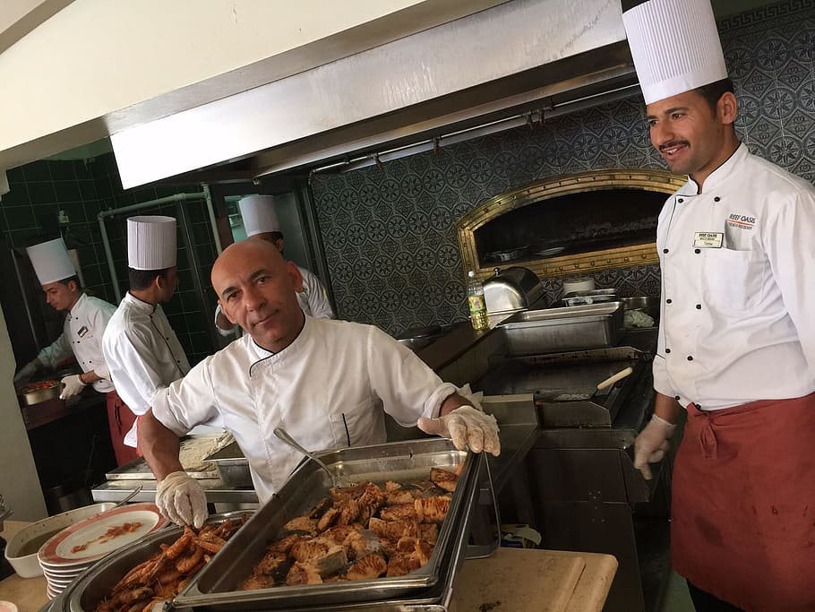 man in white chef's uniform smiling, Kitchen, Resort, Egypt HD wallpaper