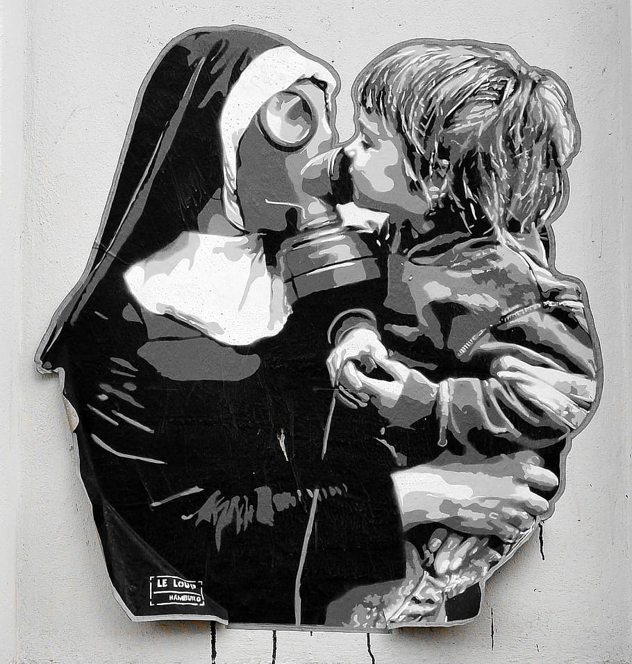 boy kissing nun sticker, graffiti, street art, urban art, mural
