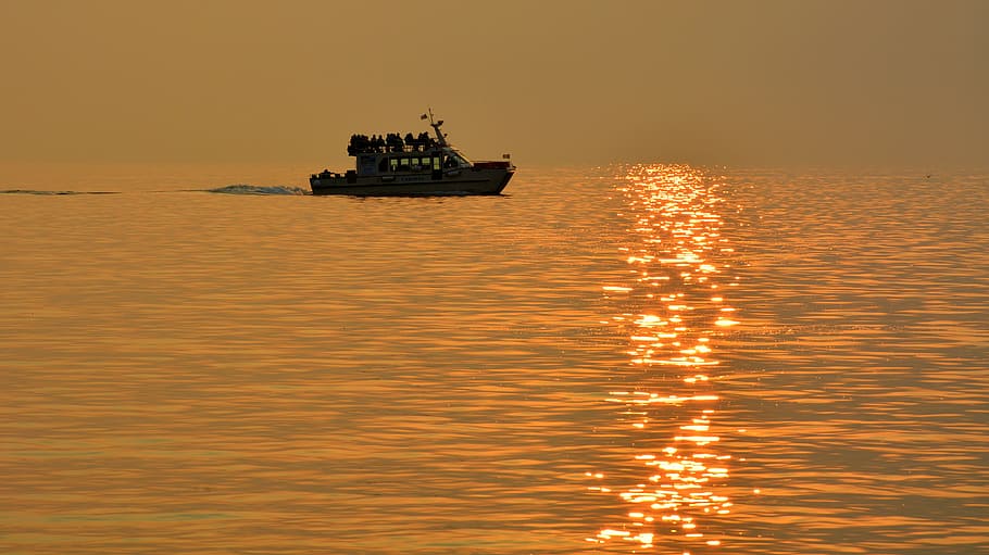 boat, lake, sunset, reflection, water, speedboat, nautical vessel HD wallpaper