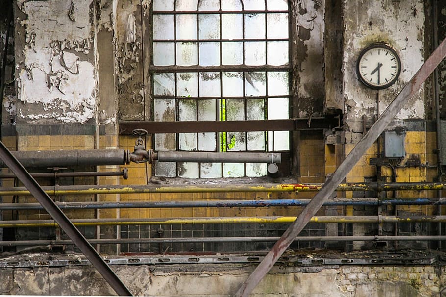 Factory, Clock, Industry, Time, factory hall, time of, window HD wallpaper