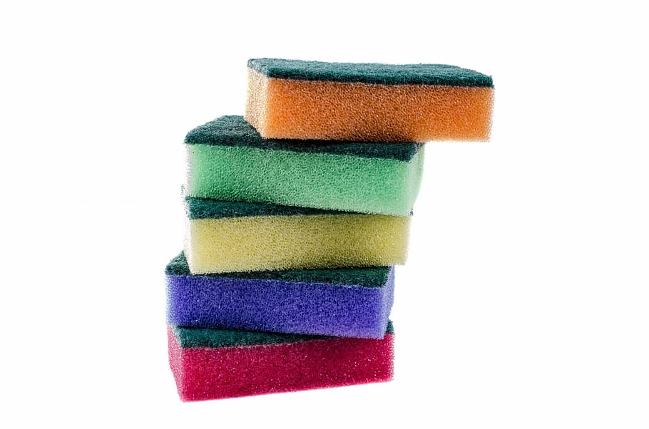 five assorted-color sponges, dishes, close-up, isolated, finery