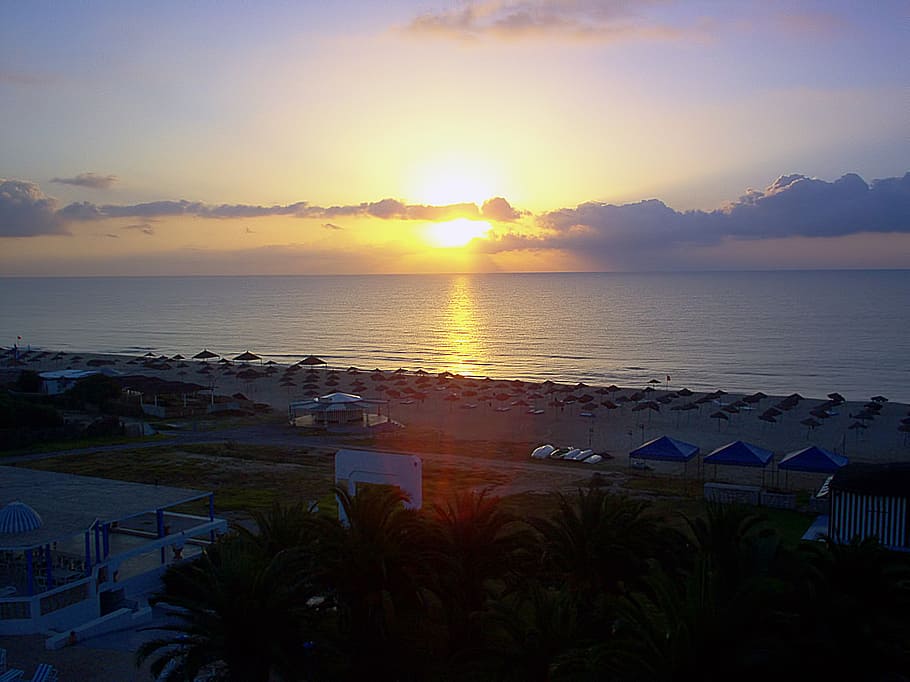 sunset, sea, mediterranean sea, hammamet, tunisia, the republic of tunisia, HD wallpaper