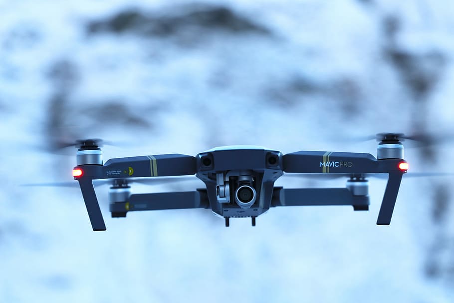 black flying quadcopter, drone, focus on foreground, technology HD wallpaper