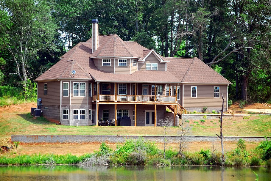 building, house, lawn, architecture, home, property, river, built structure HD wallpaper