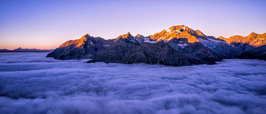 clouds, sky, sunny, day, mountain, summit, peak, valley, landscape HD wallpaper