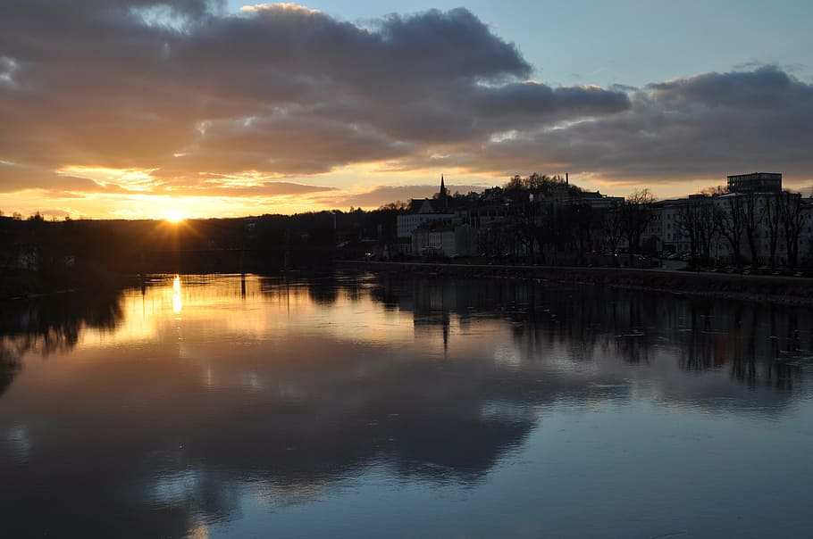 evening sky, sunset, setting sun, reflection, water, cloud - sky HD wallpaper