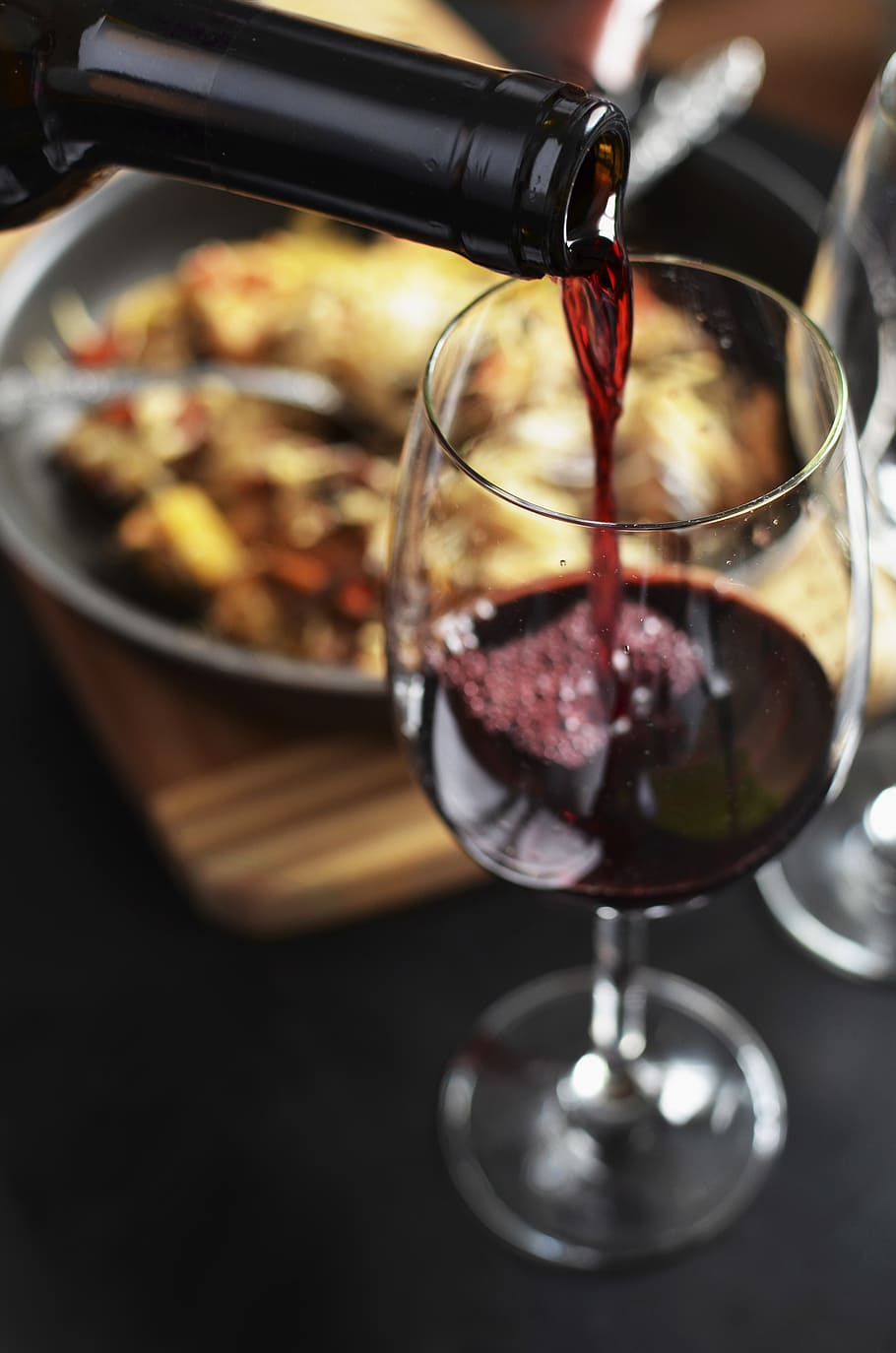 clear wine glass at table, red, bottle, drink, alcohol, wineglass HD wallpaper