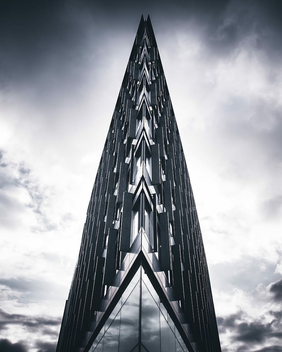 gray glass building under cloudy sky during daytime, low angle photo of building in grayscale photo HD wallpaper