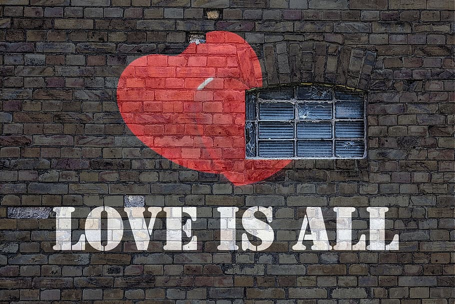 LOVE IS ALL painted brick wall, grafitti, window, heart, symbol HD wallpaper