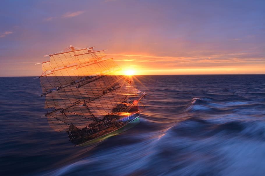 sunset, dawn, water, dusk, sea, sky, nautical vessel, horizon over water HD wallpaper