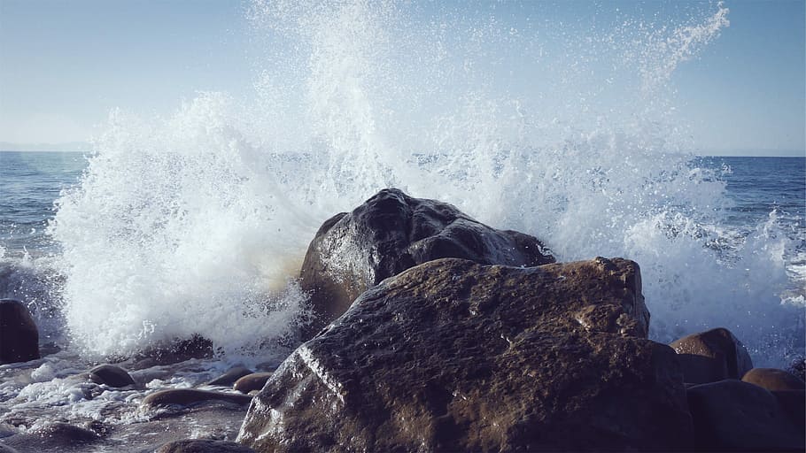 wave crashing on stone, black, blue, ocean, rocks, sea, summer