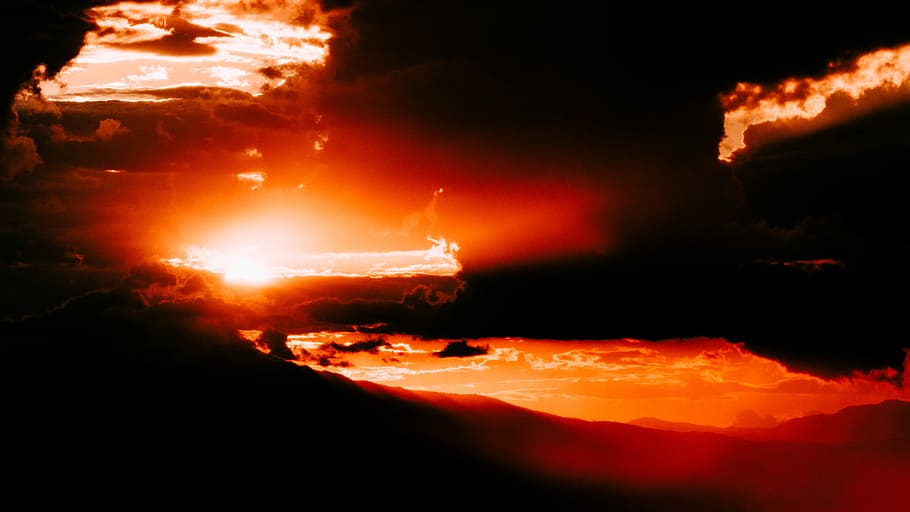 silhouette photo of mountains during golden hour, golden hour photography of clouds HD wallpaper