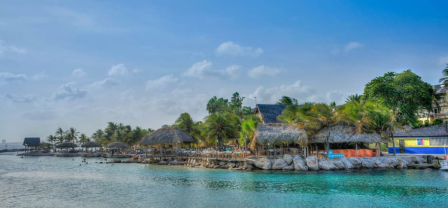 houses near body of water, lagoon, tropical, beach, nature, travel, HD wallpaper