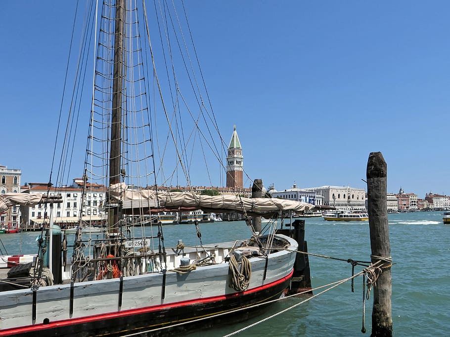 italy, venice, saint-marc, basin, boat, wharf, campanile, palace HD wallpaper