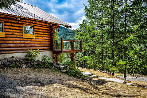 cabin near trees, Log, Home, Mountains, Rustic, Country, deck HD wallpaper