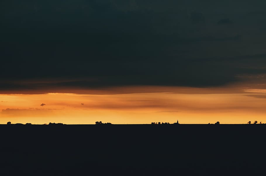 shilloutte photo of lanscape, sky, dark, orange, black, trees HD wallpaper