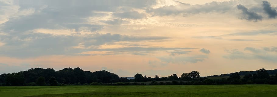 landscape, pano, nature, grass, trees, forest, field, sky, clouds, HD wallpaper