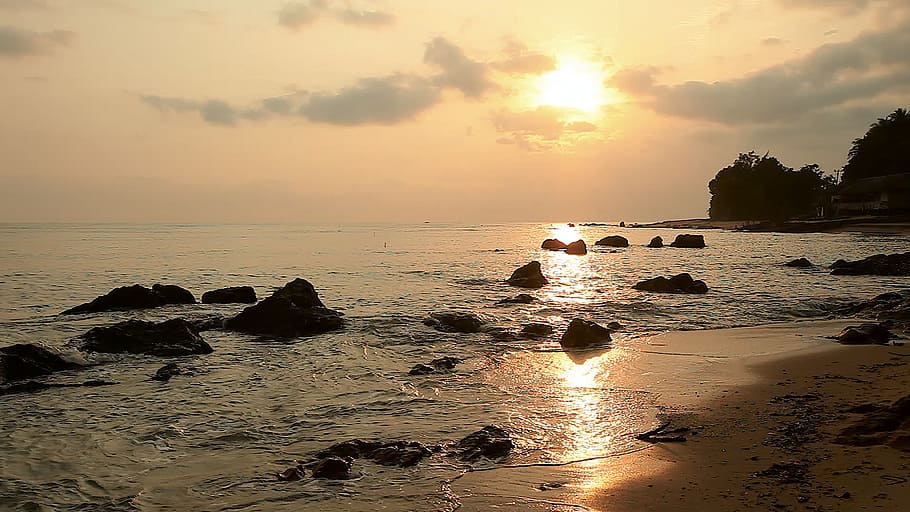 rocks on body of water, sunset, beach, golden, silent, indonesia HD wallpaper