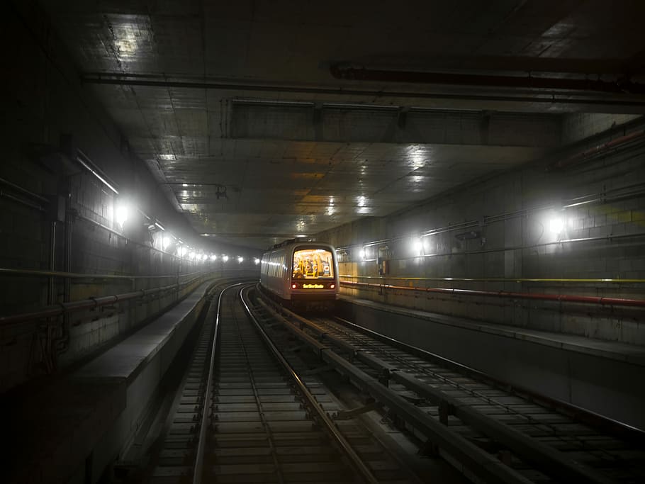 white train on subway, track, urban, city, rail transportation HD wallpaper