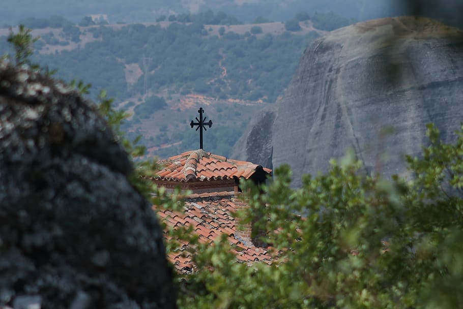 symbol, mountains, meteora, monastery, greece, cliff, architecture HD wallpaper
