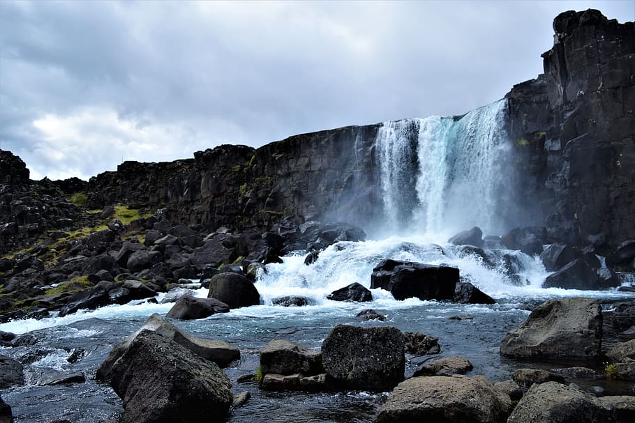 Waterfall, Drop, Cascade, Stream, splash, splashing, nature HD wallpaper