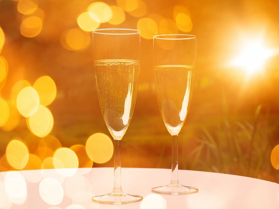 two clear footed glass on table, Champagne, Champagne, Glasses, HD wallpaper