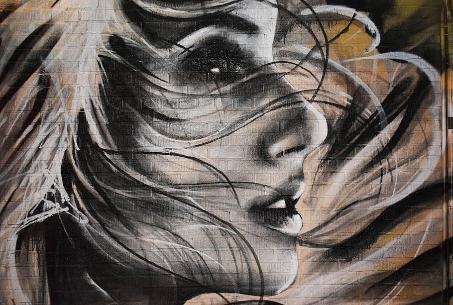brown brick wall with woman painting, woman bust graffiti, face, HD wallpaper