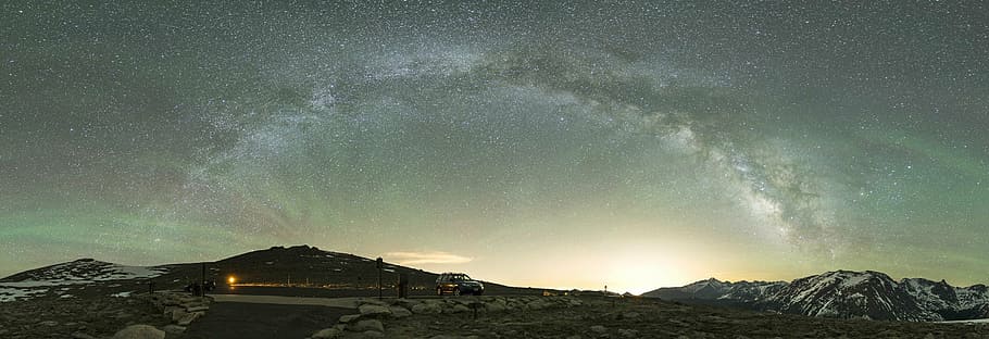 panoramic view of moutains during sunset, night sky, milky way