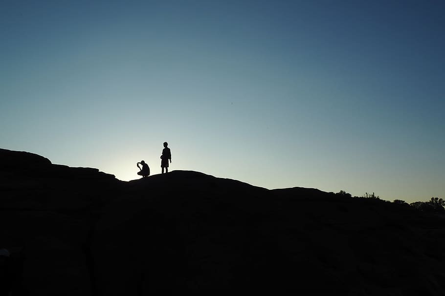 silhouette of two person standing on mountain at daytime, persons, HD wallpaper