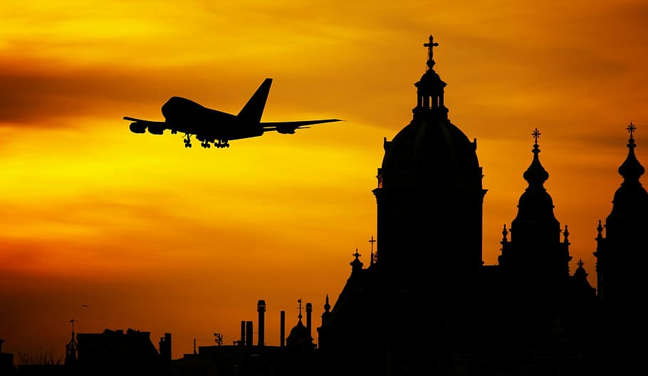 silhouette of airplane near building, flight, hipster, sunrise HD wallpaper