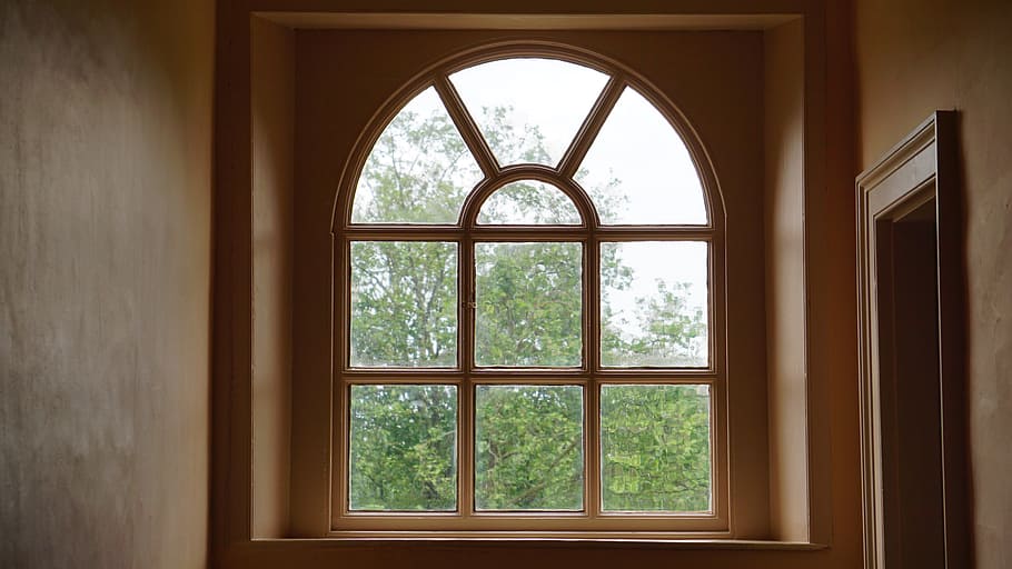 brown wooden framed arch window at daytime, old, vintage, glass