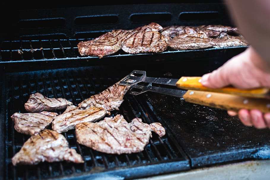 Beef steaks barbeque, cooking, grilling, hands, meat, outside HD wallpaper
