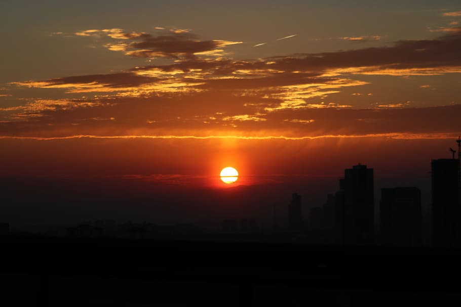 sunset, red, sky, orange color, silhouette, cloud - sky, built structure HD wallpaper