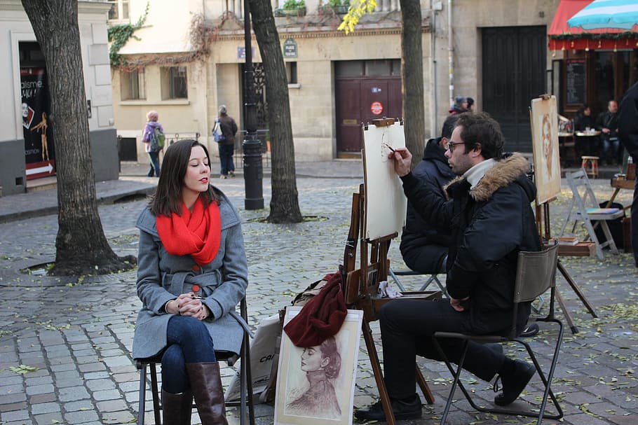 woman sitting in front of painter, Montmartre, Portrait, Paris, HD wallpaper