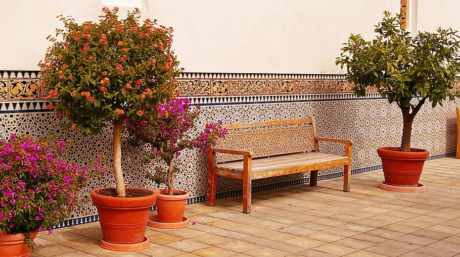 brown wooden bench in front of brown painted wall, oriental, oriental garden, HD wallpaper