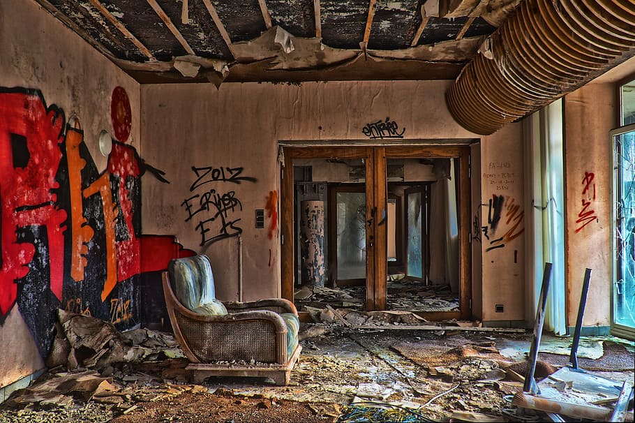 destroyed living room photo, lost places, home, architecture, HD wallpaper