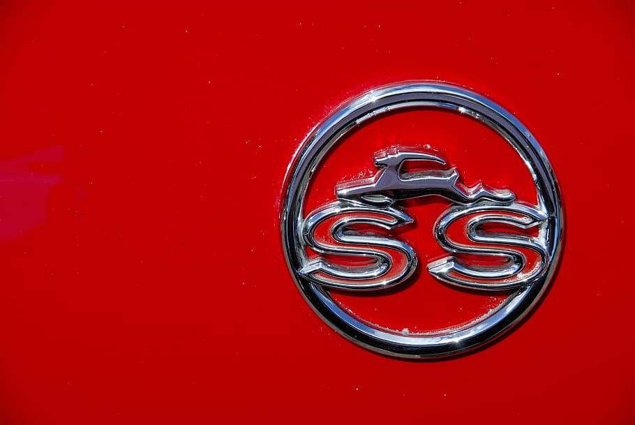 Impala SS, chrome SS car emblem, badge, logo, vehicle, red, metal, HD wallpaper