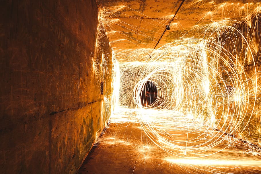 time lapse photography of steel wool, steel wool photography of tunnel HD wallpaper