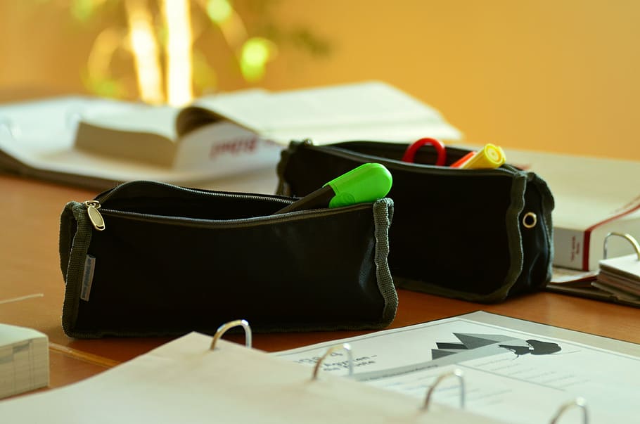 two open black leather purses, case, pencil cases, pens, school HD wallpaper