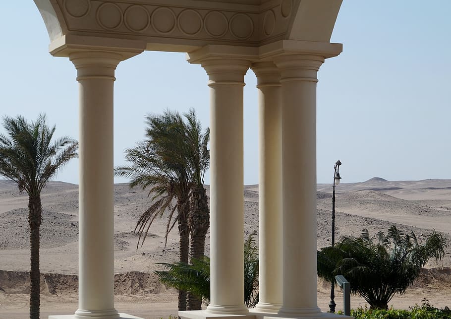 egypt, desert, columns, trees, sand, heat, architecture, architectural column HD wallpaper