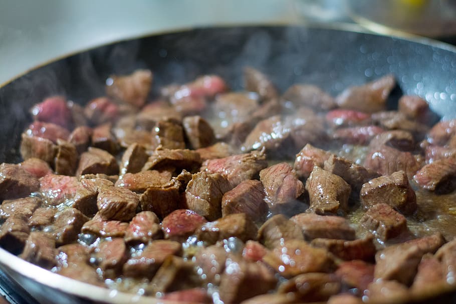 meat on frying pan, Beef, Kitchen, Cooking, taste, food, mięsko