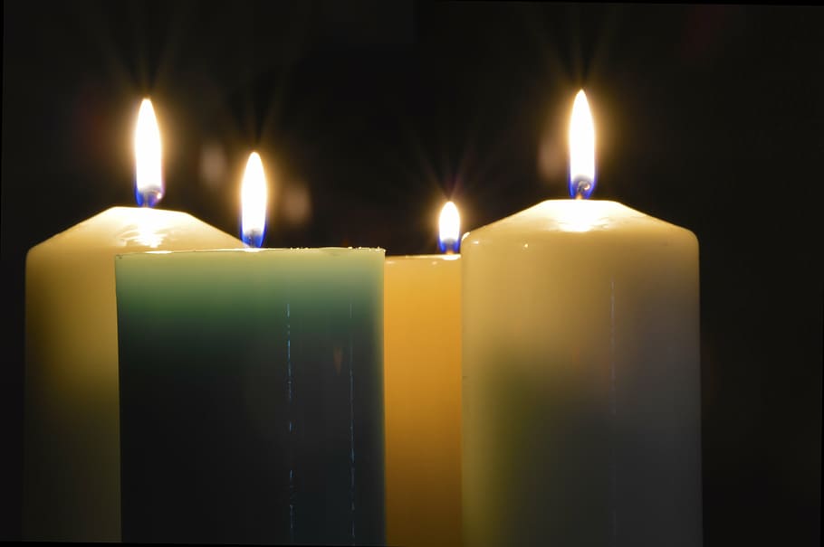 white and green lighted pillar candles, burning, flame, holiday, HD wallpaper