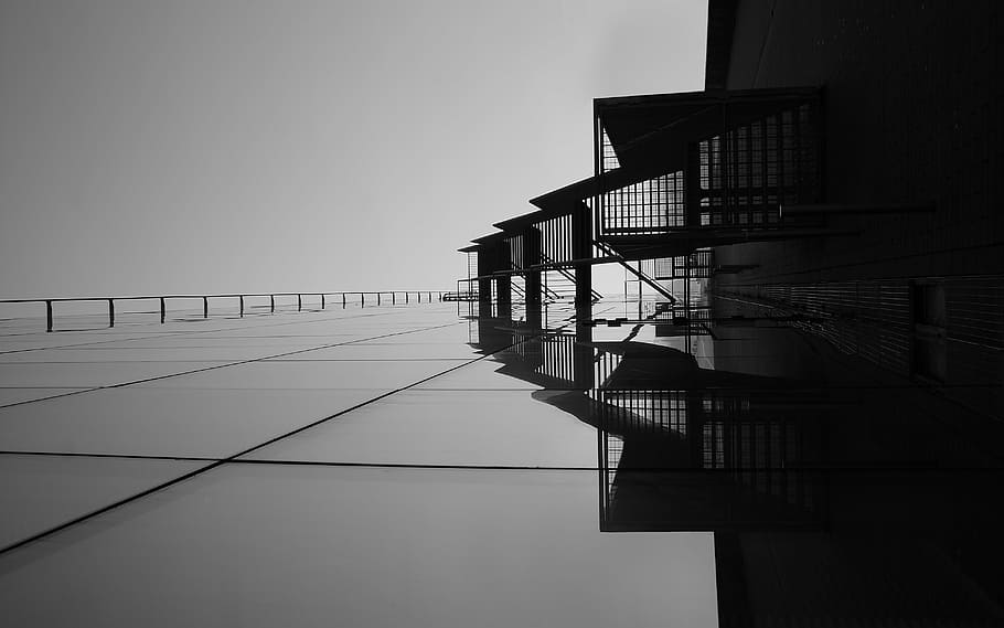 grayscale photo of metal stair, architect, graphics, abstract HD wallpaper