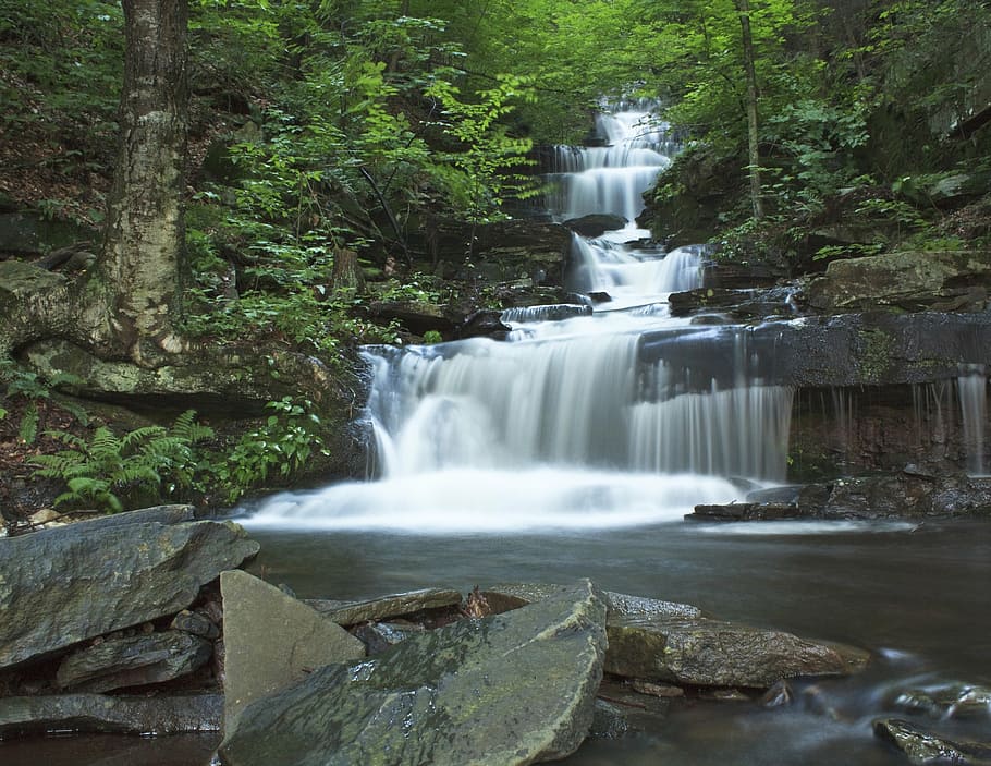 waterfall, rocks, stream, cascade, green, scenery, nature, wet HD wallpaper