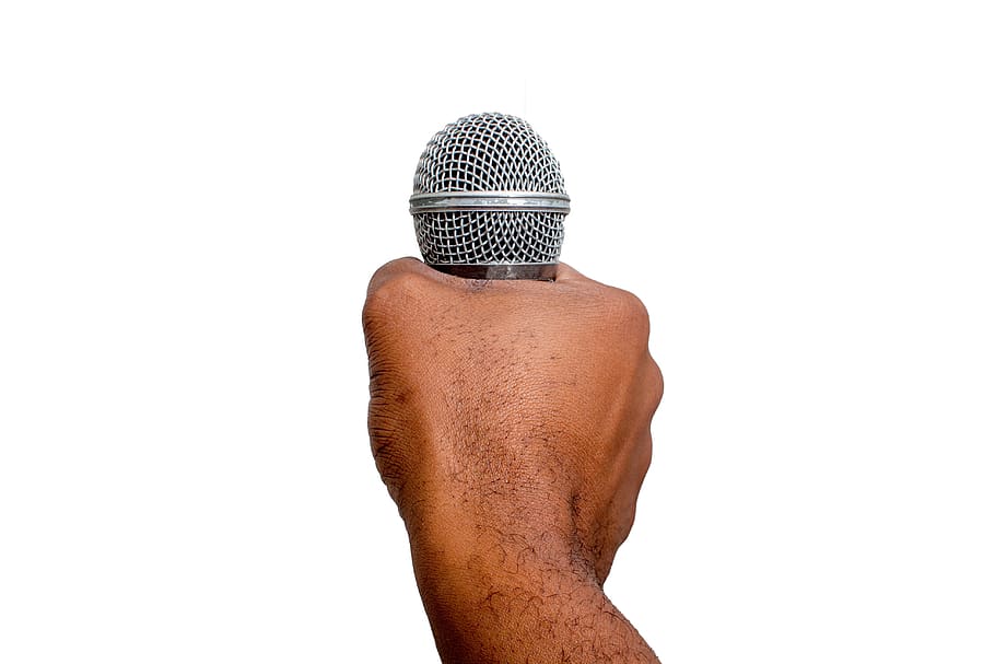 isolated, karaoke, microphone, man, hand, white background