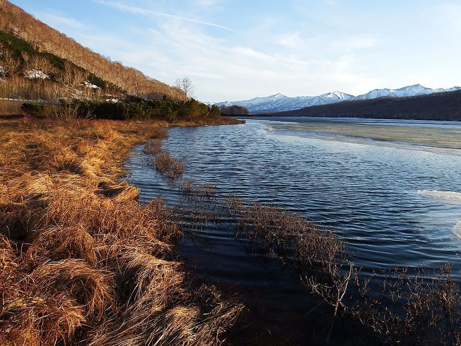 spring, lake, ice, mountains, sky, clouds, nature, trees, landscape HD wallpaper